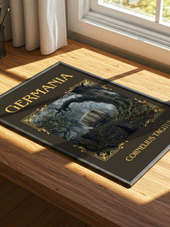 Germania Classic Book Art Print by Cornelius Tacitus – print on a sunlit desk