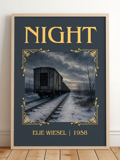 Night Classic Book Art Print by Elie Wiesel – framed print leaning on a wooden floor