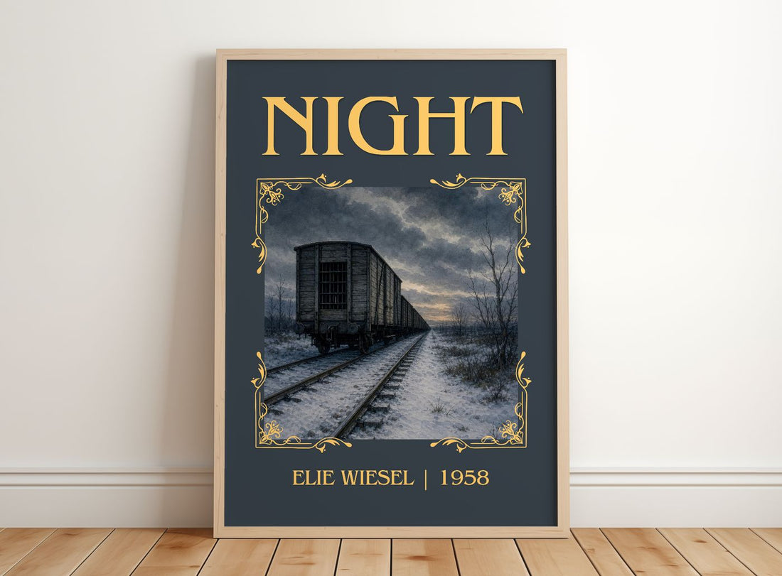 Night Classic Book Art Print by Elie Wiesel – framed print leaning on a wooden floor