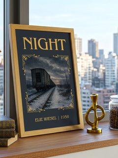 Night Classic Book Art Print by Elie Wiesel – framed print on a city-view windowsill