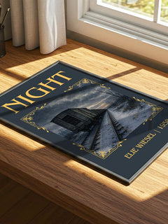 Night Classic Book Art Print by Elie Wiesel – print on a sunlit desk