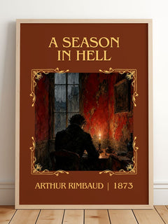A Season in Hell Classic Book Art Print by Arthur Rimbaud – framed print leaning on a wooden floor