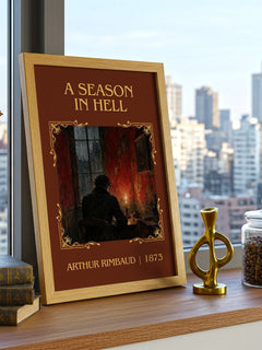 A Season in Hell Classic Book Art Print by Arthur Rimbaud – framed print on a city-view windowsill