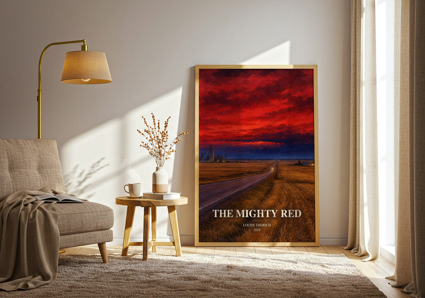 The Mighty Red watercolour print in frame leaning in hallway – literary fiction wall art