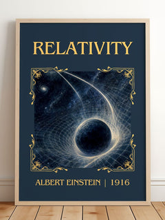 Relativity Classic Book Art Print by Albert Einstein – framed print leaning on a wooden floor
