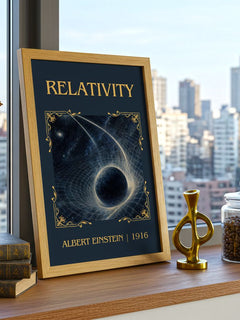 Relativity Classic Book Art Print by Albert Einstein – framed print on a city-view windowsill