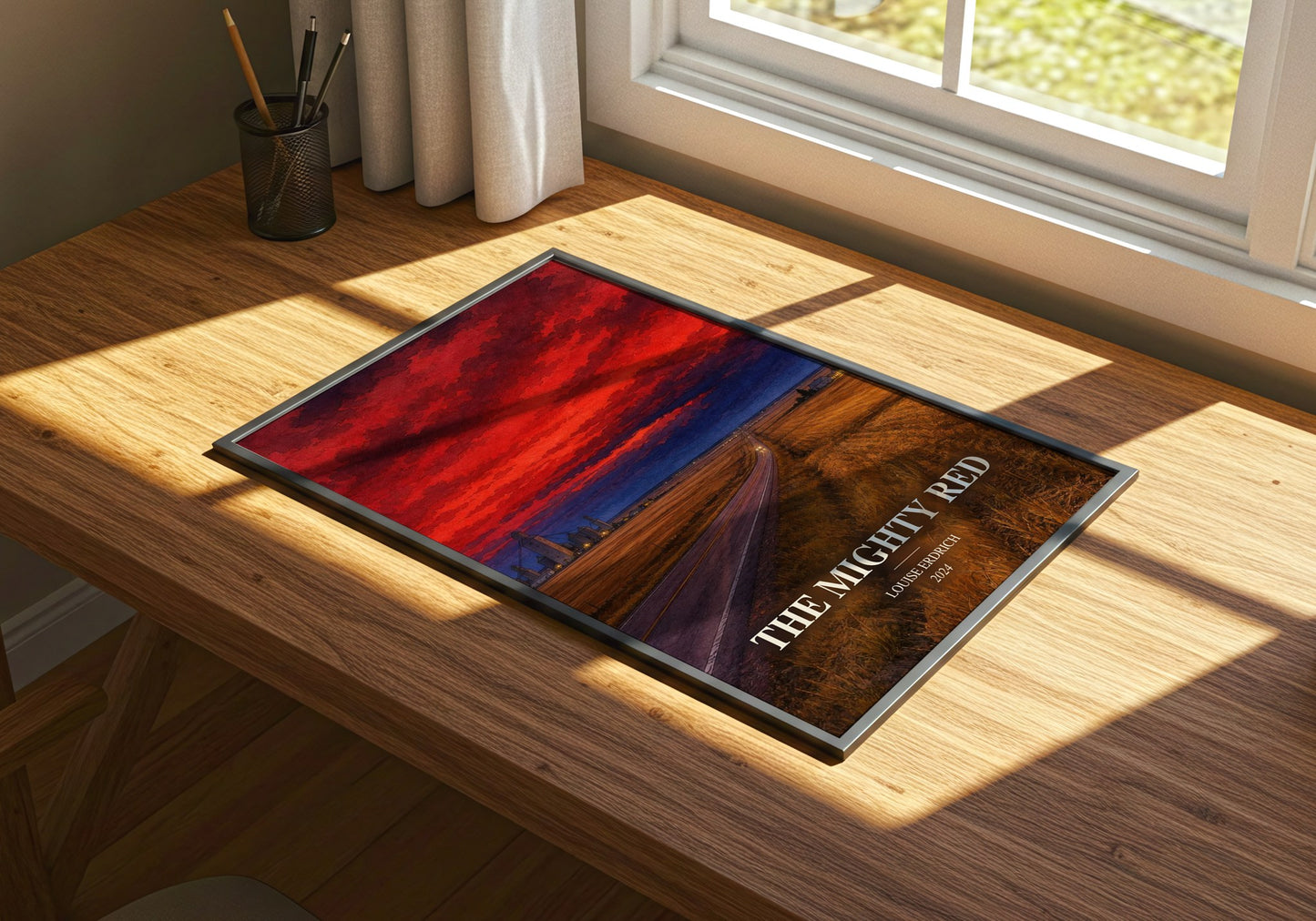 The Mighty Red watercolour book poster framed on wall – literary fiction wall art