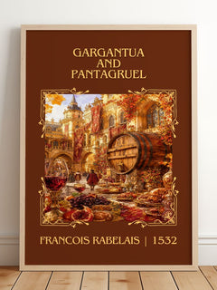 Gargantua and Pantagruel Classic Book Art Print by Francois Rabelais – framed print leaning on a wooden floor