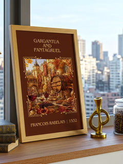 Gargantua and Pantagruel Classic Book Art Print by Francois Rabelais – framed print on a city-view windowsill