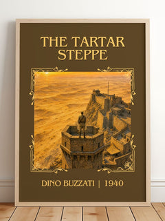 The Tartar Steppe Classic Book Art Print by Dino Buzzati – framed print leaning on a wooden floor