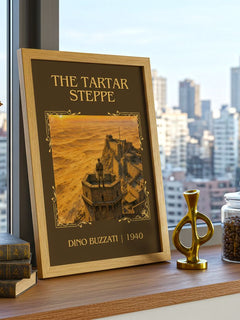 The Tartar Steppe Classic Book Art Print by Dino Buzzati – framed print on a city-view windowsill