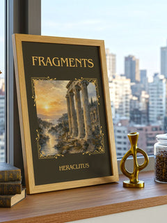 Fragments Classic Book Art Print by Heraclitus – framed print on a city-view windowsill
