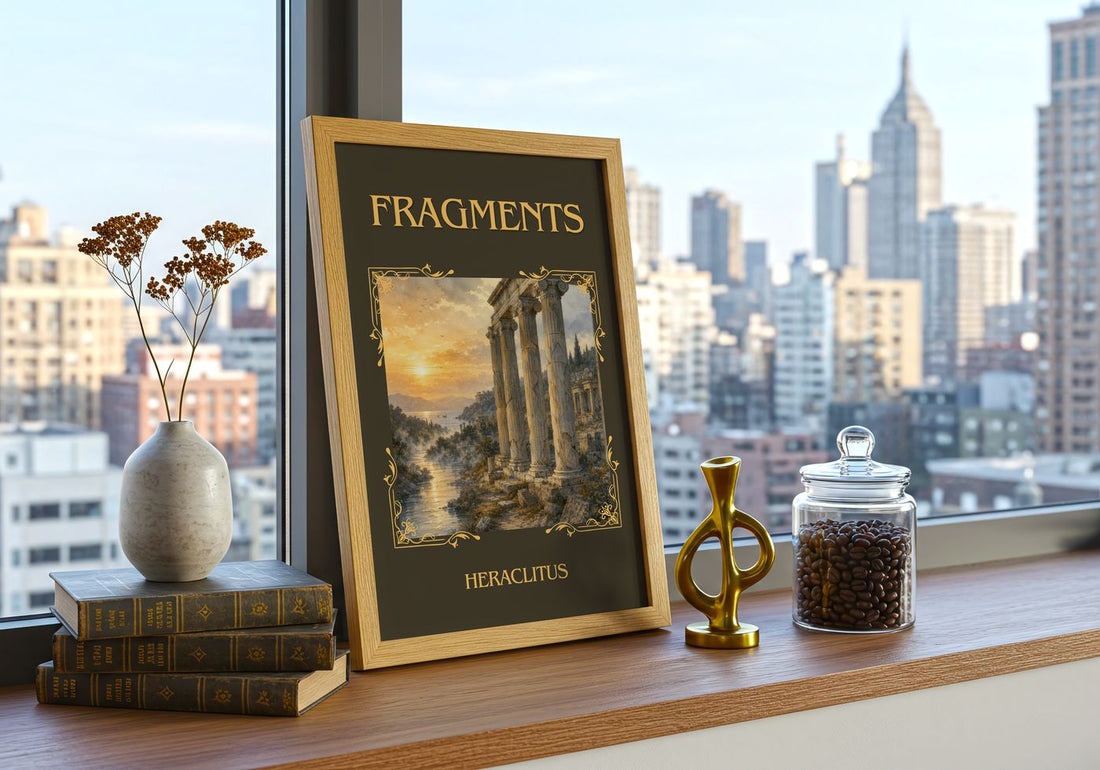Fragments Classic Book Art Print by Heraclitus – framed print on a city-view windowsill