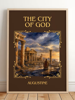 The City of God Classic Book Art Print by Augustine – framed print leaning on a wooden floor