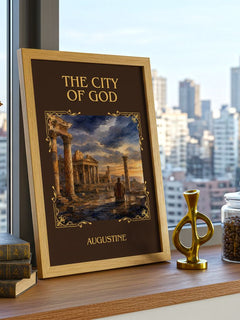 The City of God Classic Book Art Print by Augustine – framed print on a city-view windowsill