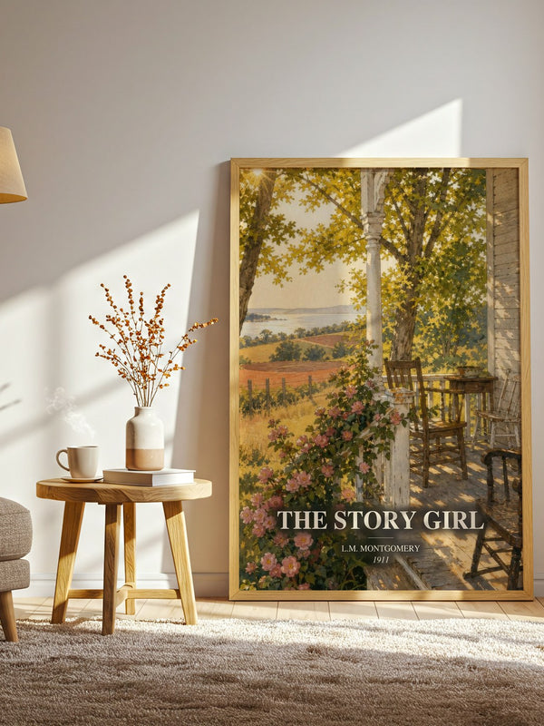 The Story Girl watercolour print in frame leaning in hallway – childrens wall art