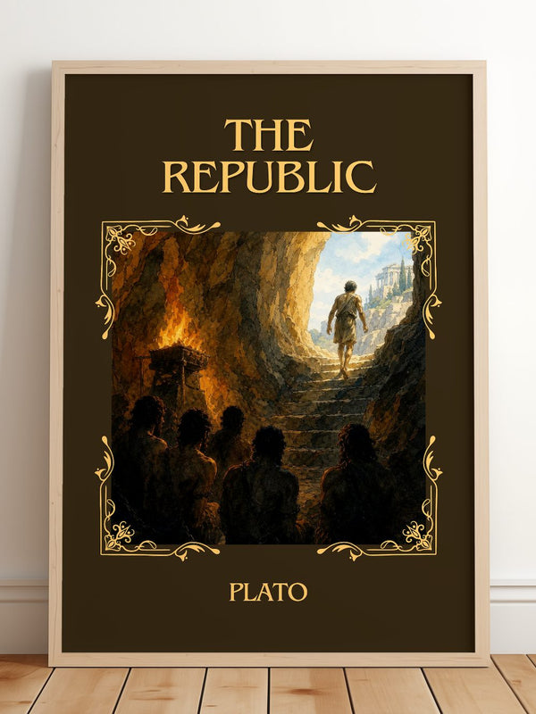 The Republic Classic Book Art Print by Plato – framed print leaning on a wooden floor