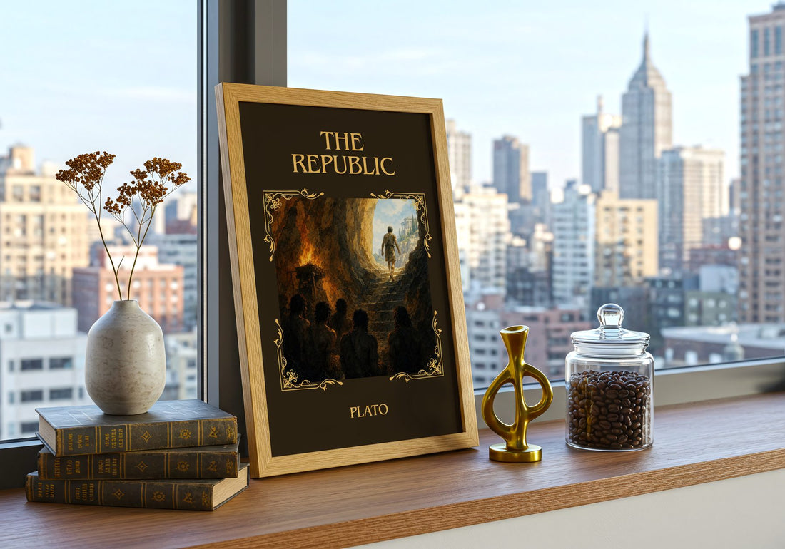 The Republic Classic Book Art Print by Plato – framed print on a city-view windowsill