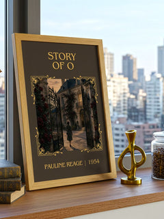 Story of O Classic Book Art Print by Pauline Reage – framed print on a city-view windowsill