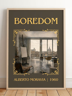 Boredom Classic Book Art Print by Alberto Moravia – framed print leaning on a wooden floor