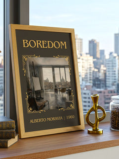 Boredom Classic Book Art Print by Alberto Moravia – framed print on a city-view windowsill
