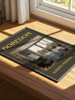 Boredom Classic Book Art Print by Alberto Moravia – print on a sunlit desk