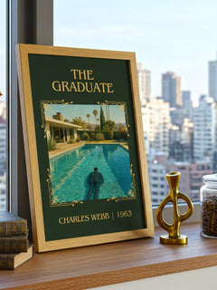 The Graduate Classic Book Art Print by Charles Webb – framed print on a city-view windowsill