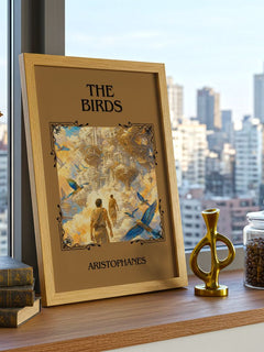 The Birds Classic Book Art Print by Aristophanes – framed print on a city-view windowsill