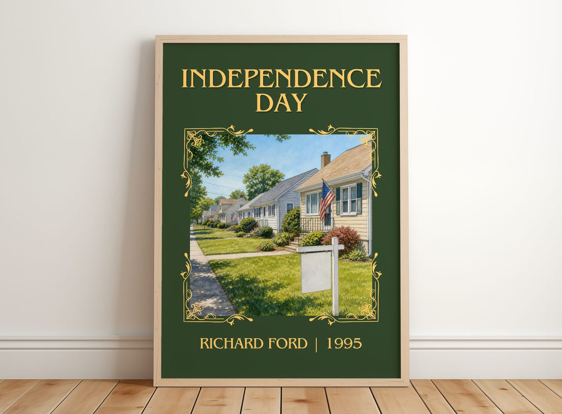 Independence Day Classic Book Art Print by Richard Ford – framed print leaning on a wooden floor