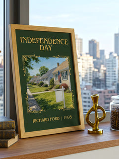 Independence Day Classic Book Art Print by Richard Ford – framed print on a city-view windowsill