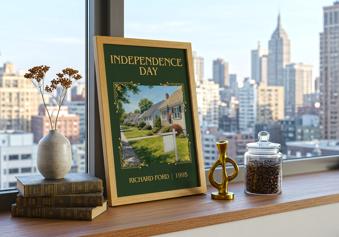 Independence Day Classic Book Art Print by Richard Ford – framed print on a city-view windowsill