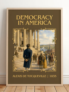 Democracy in America Classic Book Art Print by Alexis de Tocqueville – framed print leaning on a wooden floor