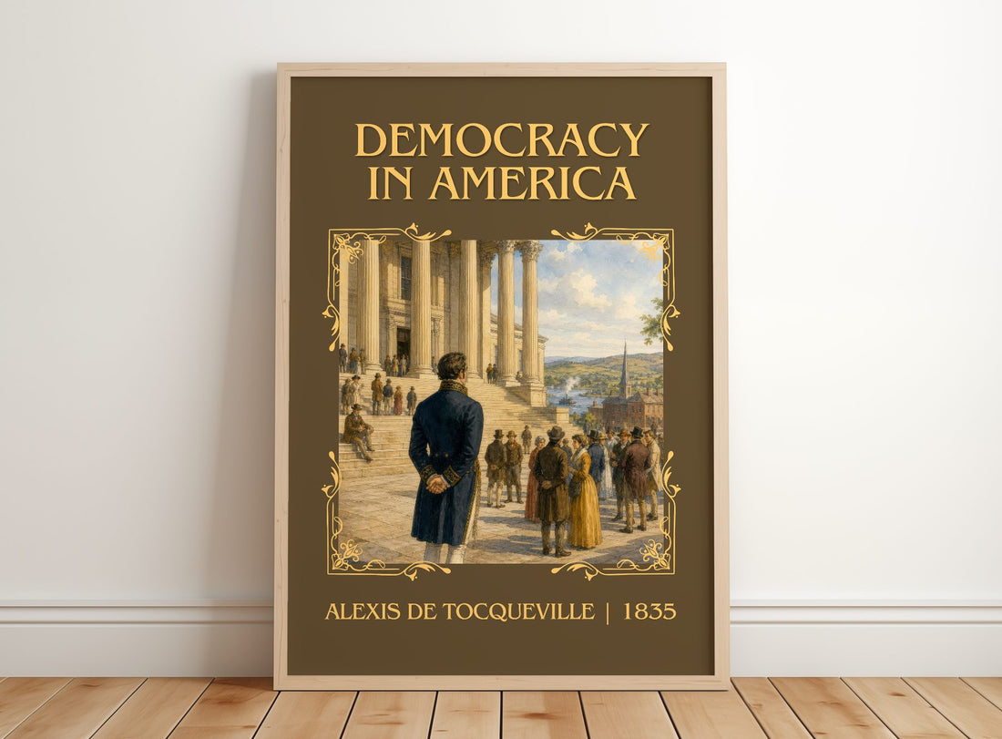 Democracy in America Classic Book Art Print by Alexis de Tocqueville – framed print leaning on a wooden floor