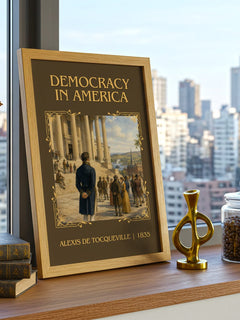 Democracy in America Classic Book Art Print by Alexis de Tocqueville – framed print on a city-view windowsill