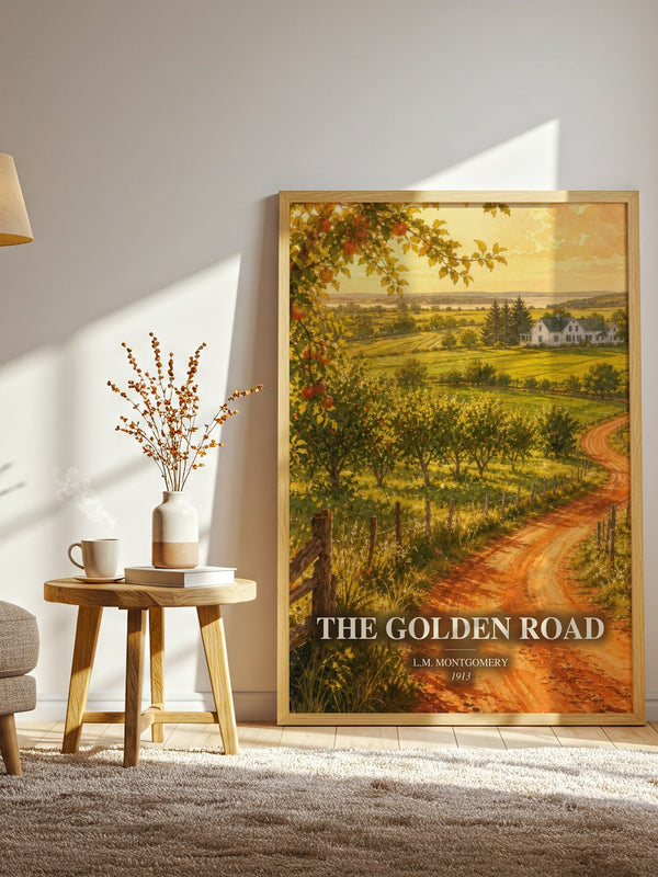 The Golden Road watercolour print in frame leaning in hallway – childrens wall art