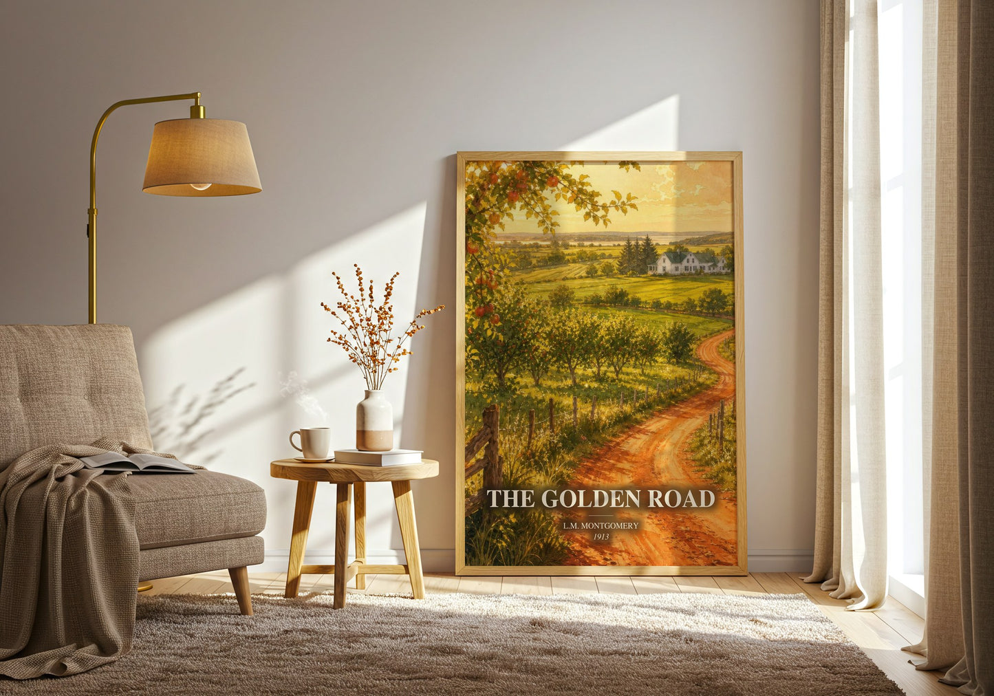 The Golden Road watercolour print in frame leaning in hallway – childrens wall art