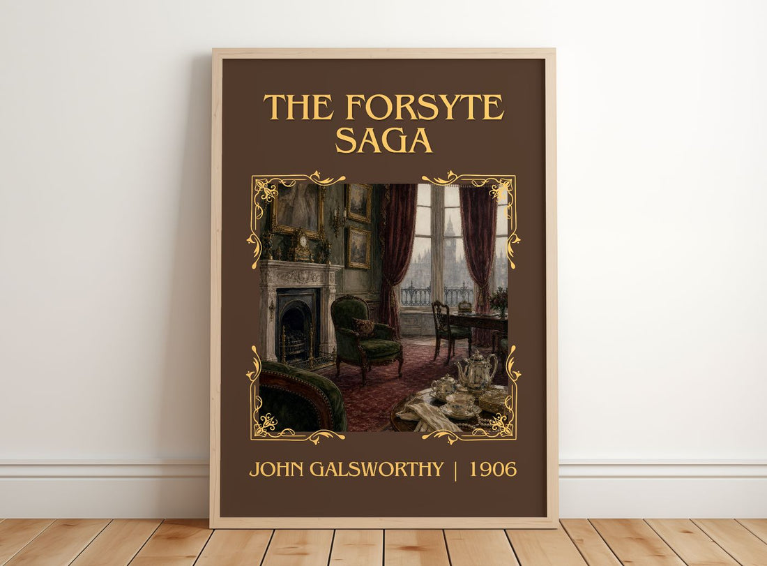The Forsyte Saga Classic Book Art Print by John Galsworthy – framed print leaning on a wooden floor