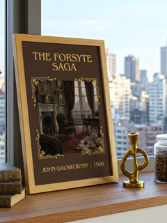 The Forsyte Saga Classic Book Art Print by John Galsworthy – framed print on a city-view windowsill