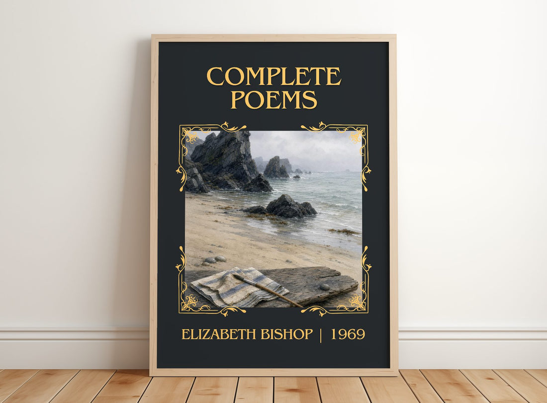 Complete Poems Classic Book Art Print by Elizabeth Bishop – framed print leaning on a wooden floor
