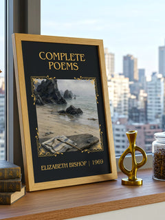 Complete Poems Classic Book Art Print by Elizabeth Bishop – framed print on a city-view windowsill