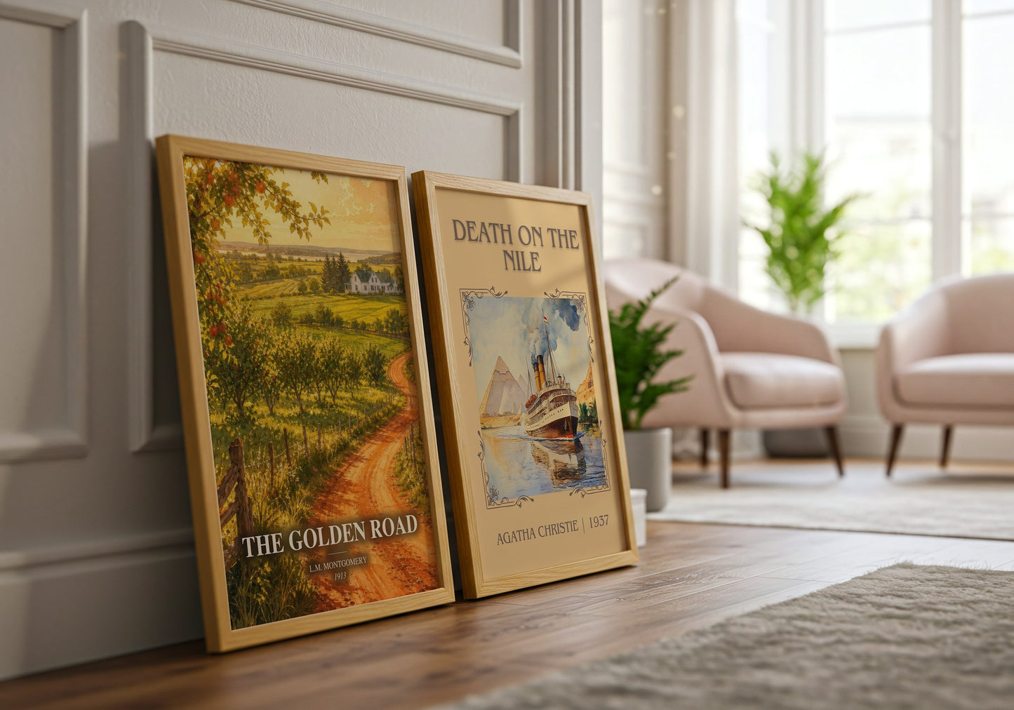 The Golden Road watercolour print framed by window – literary home decor