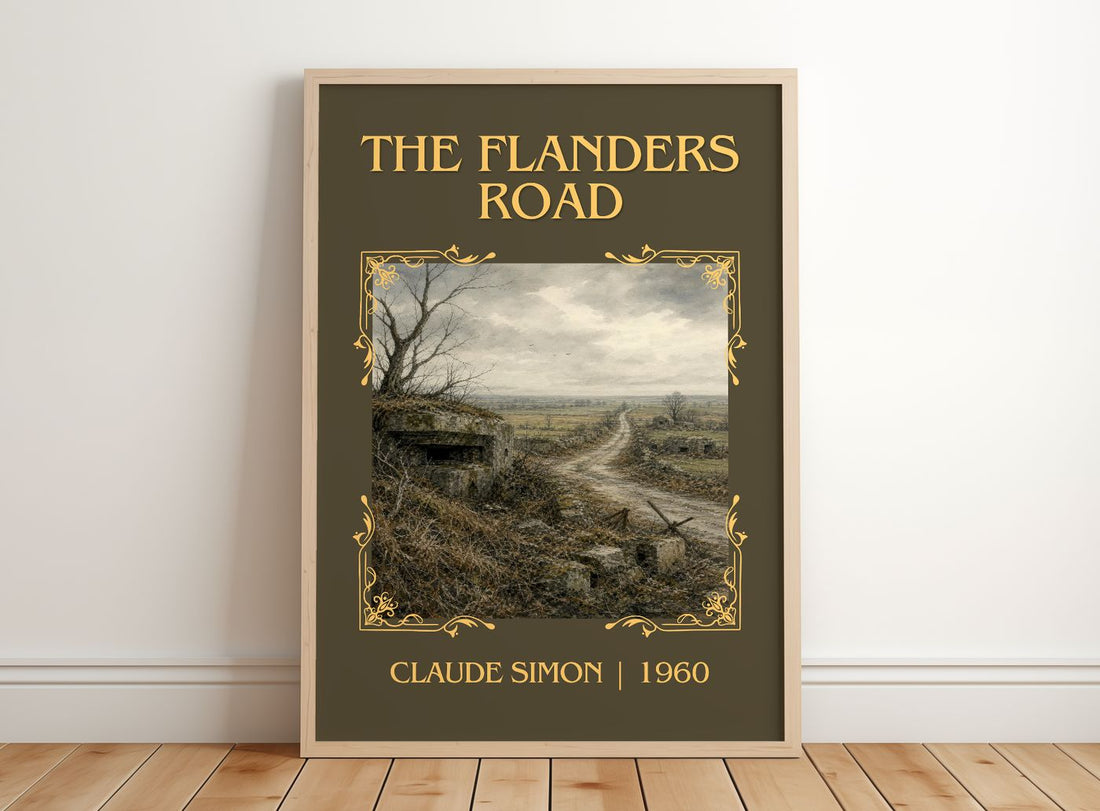 The Flanders Road Classic Book Art Print by Claude Simon – framed print leaning on a wooden floor