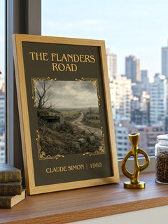 The Flanders Road Classic Book Art Print by Claude Simon – framed print on a city-view windowsill