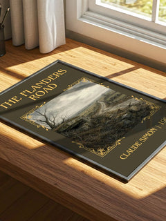 The Flanders Road Classic Book Art Print by Claude Simon – print on a sunlit desk