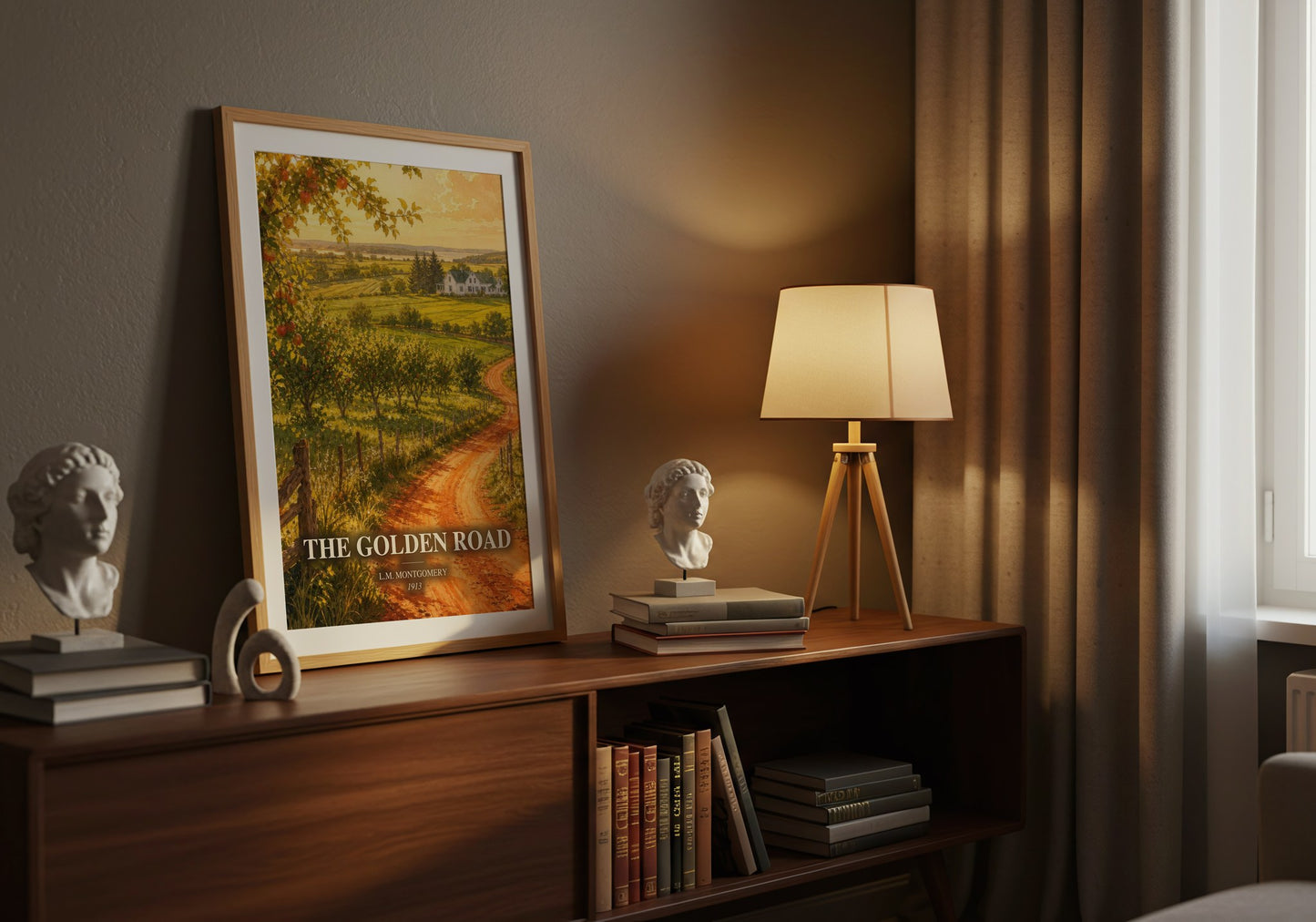 The Golden Road watercolour print on bookshelf – L.M. Montgomery fan gift