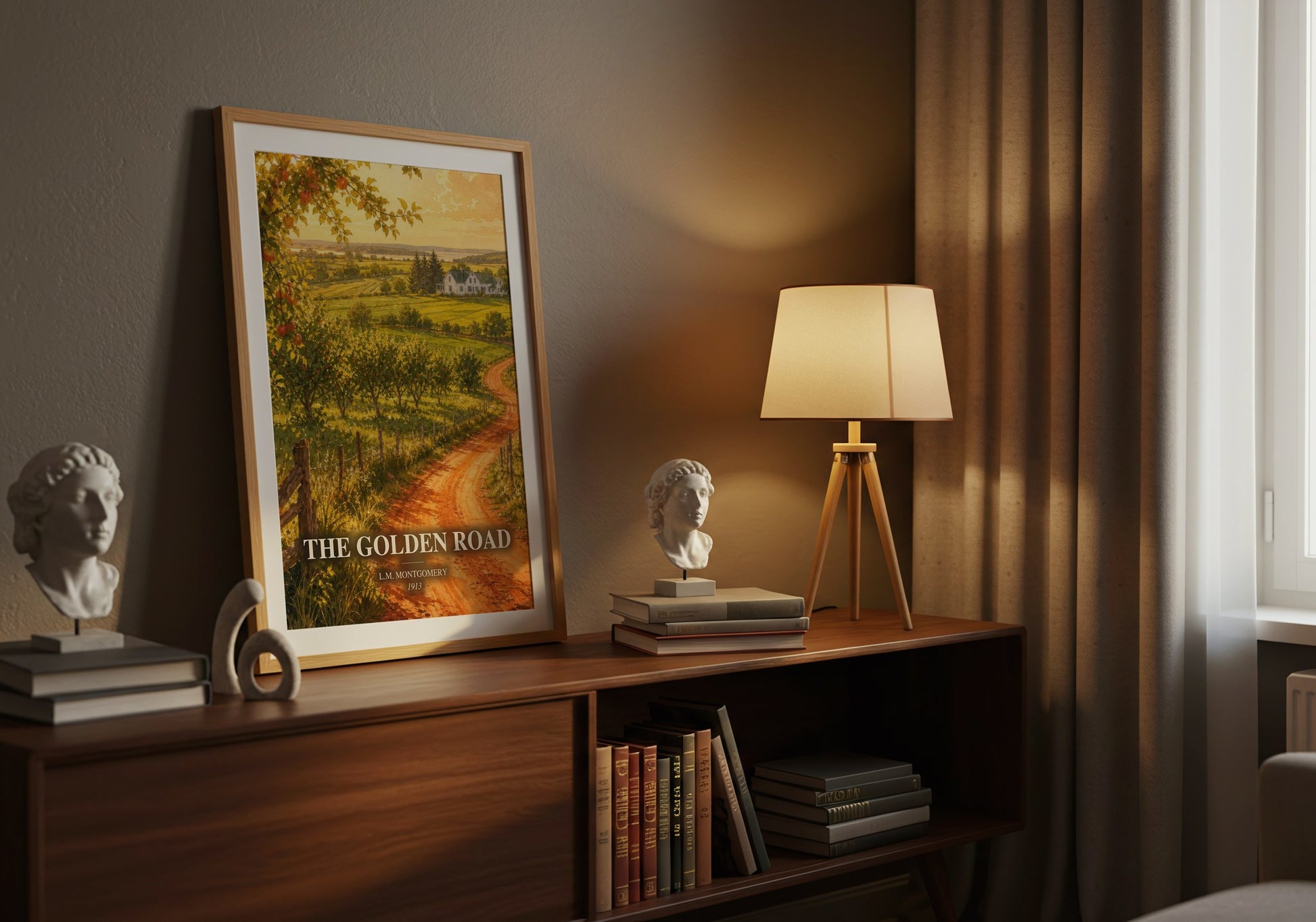 The Golden Road watercolour print on bookshelf – L.M. Montgomery fan gift