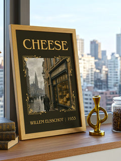 Cheese Classic Book Art Print by Willem Elsschot – framed print on a city-view windowsill