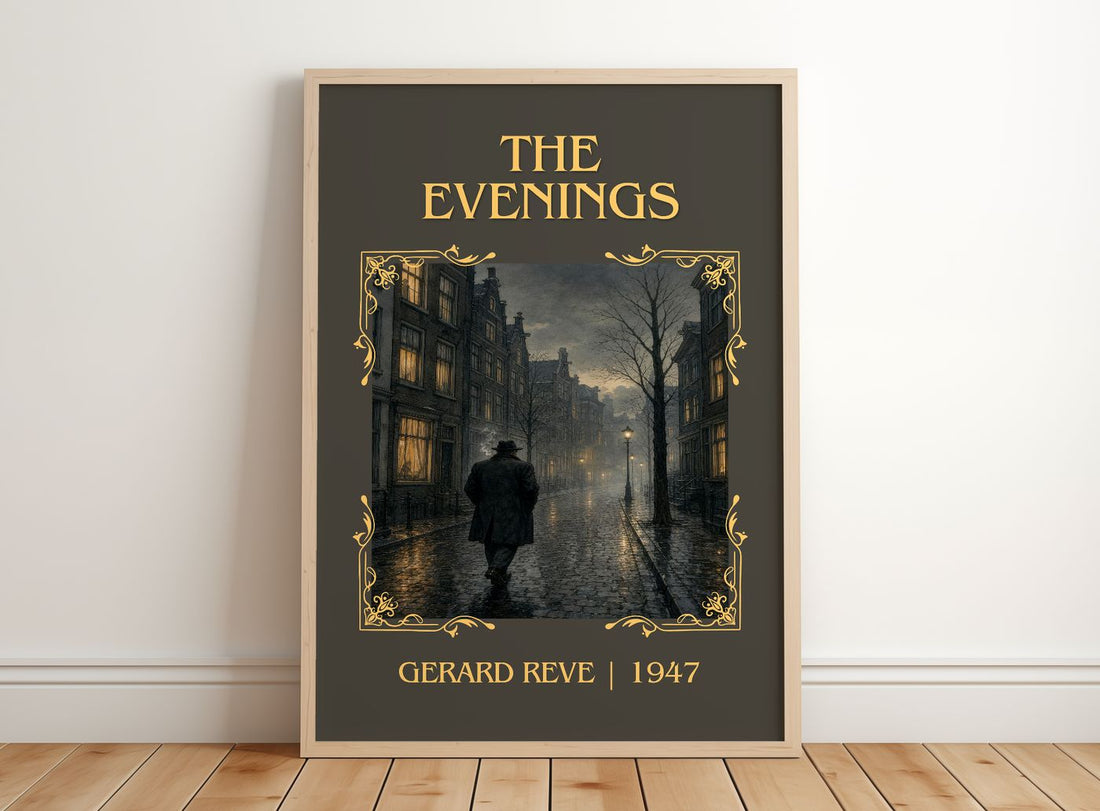 The Evenings Classic Book Art Print by Gerard Reve – framed print leaning on a wooden floor