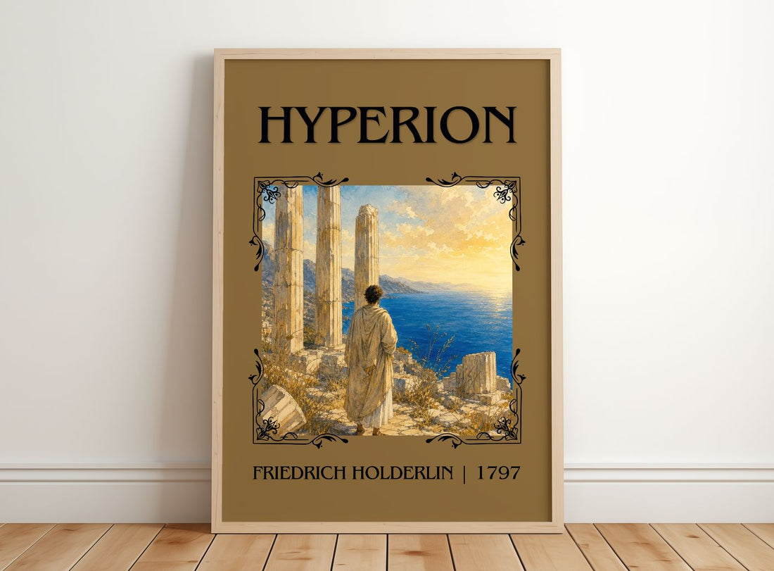 Hyperion Classic Book Art Print by Friedrich Holderlin – framed print leaning on a wooden floor