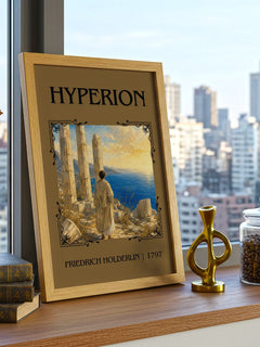 Hyperion Classic Book Art Print by Friedrich Holderlin – framed print on a city-view windowsill